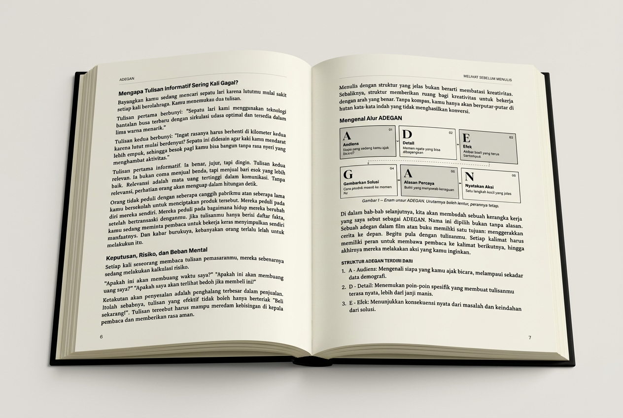 Mockup buku ADEGAN terbuka pada Bab 01, halaman 6 dan 7: Mengapa Tulisan Informatif Sering Kali Gagal dan Mengenal Alur ADEGAN